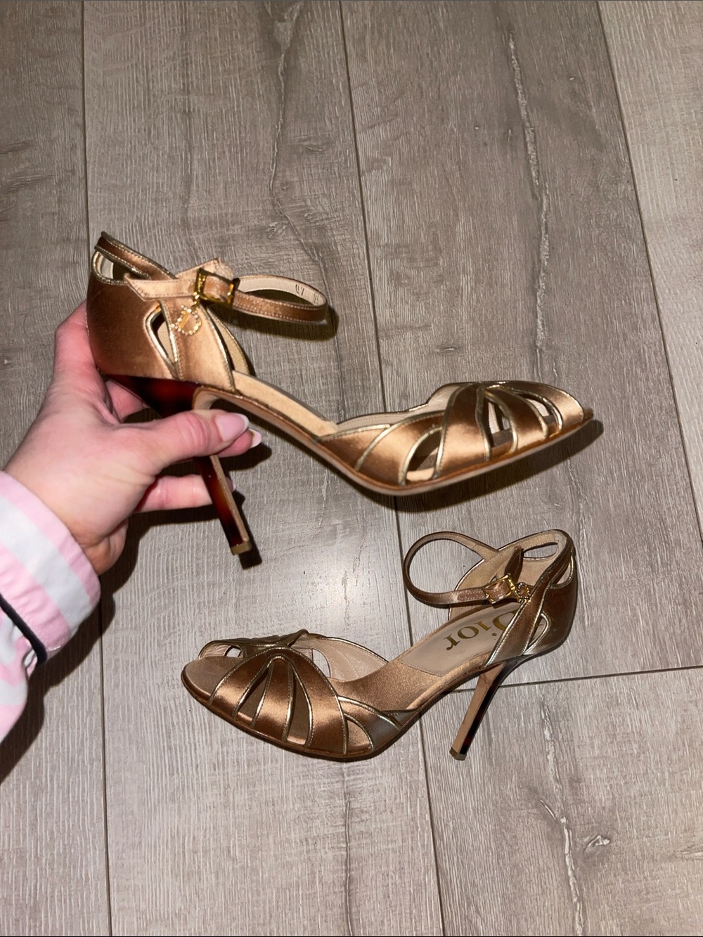 CHRISTIAN DIOR VTG Authentic Metallic Tan Dior Charm Strappy Heel Sandal - Picture 16 of 16